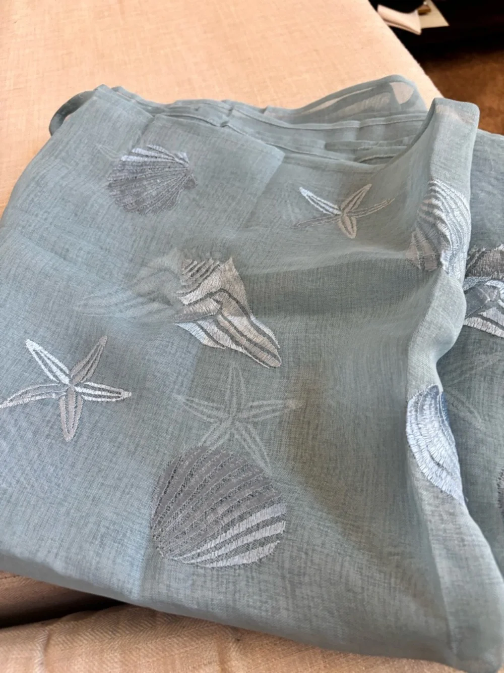 Boho Coastal Sheer Seashell Starfish Table Runner Blue Gauze 110” Embroidered